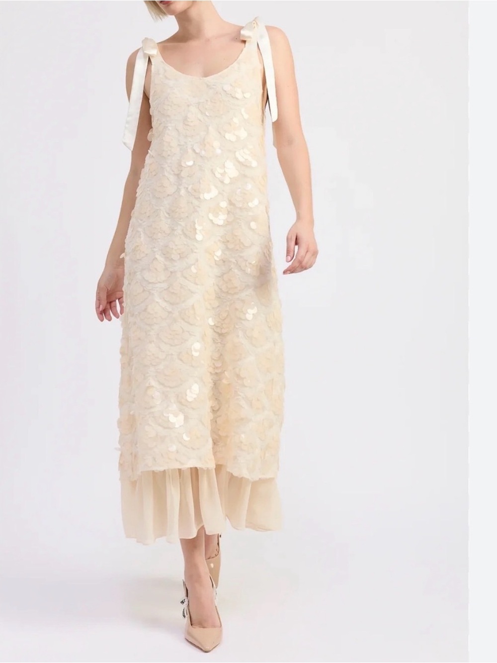 En Saison Ivory Sequin Tie-Shoulder Maxi Dress